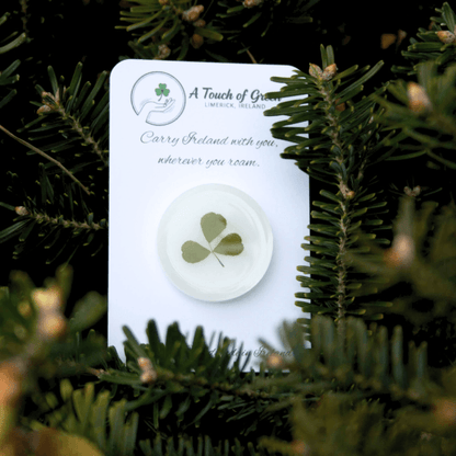 hand foraged shamrock encased in resin on a card with greenery in the background